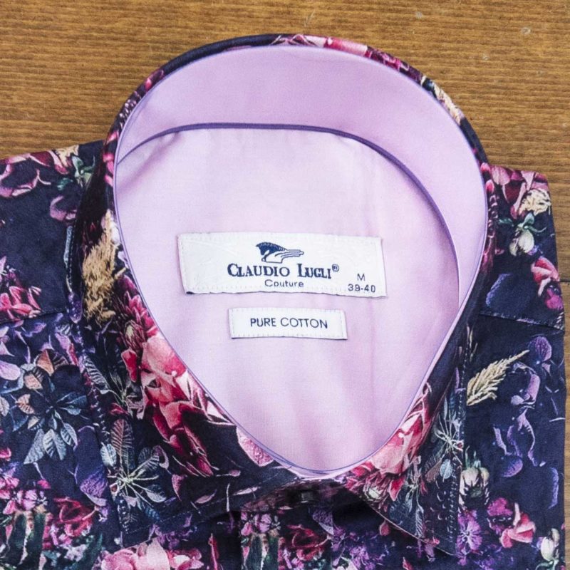 Claudio Lugli shirt pink and blue flowers dark blue background with pink lining