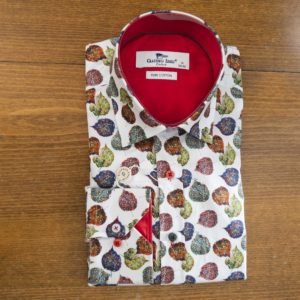 Claudio Lugli shirt colourful leaves on white background with red lining