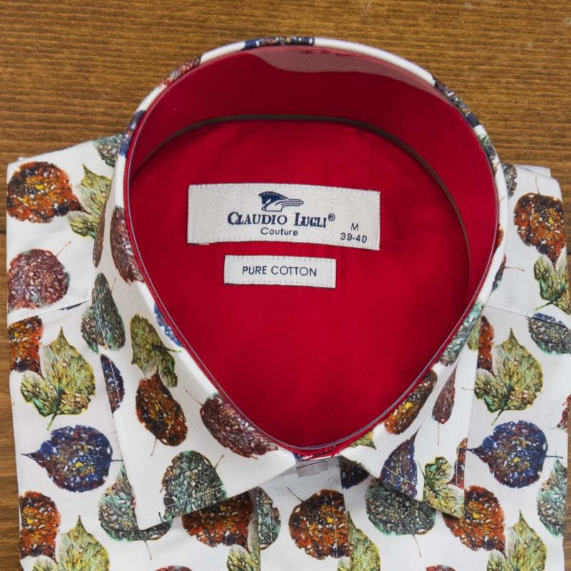 Claudio Lugli shirt colourful leaves on white background with red lining