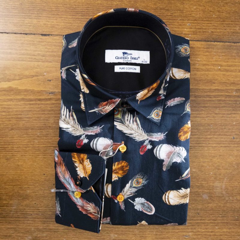 Claudio Lugli shirt colourful feather on navy background and lining