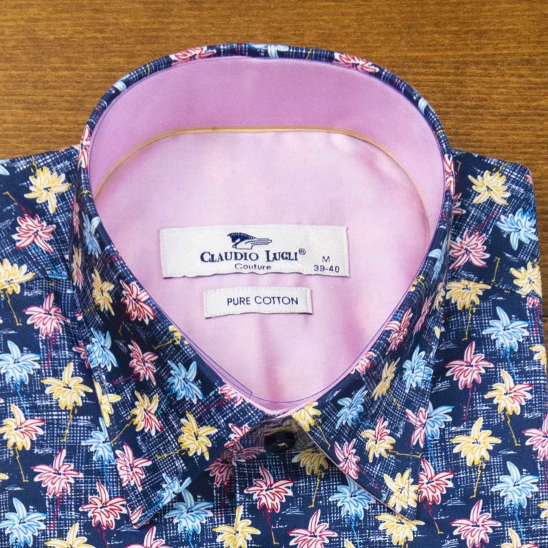 Claudio Lugli shirt small pink blue yellow flowers on blue background with pink lining