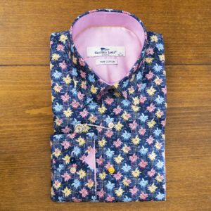 Claudio Lugli shirt small pink blue yellow flowers on blue background with pink lining