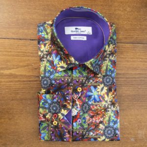 Claudio Lugli shirt large colourful flowers on purple background and lining