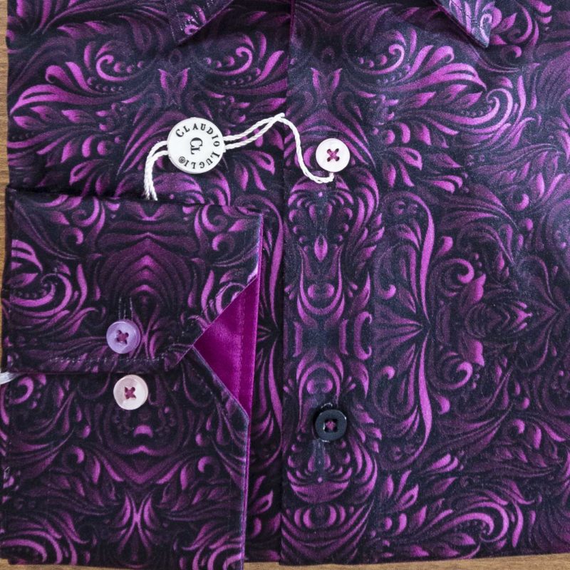 Claudio Lugli shirt large crimson swirls on black background and crimson lining