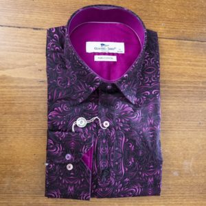 Claudio Lugli shirt large crimson swirls on black background and crimson lining