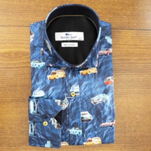Claudio Lugli shirt with classic cars on blue detailed background black lining
