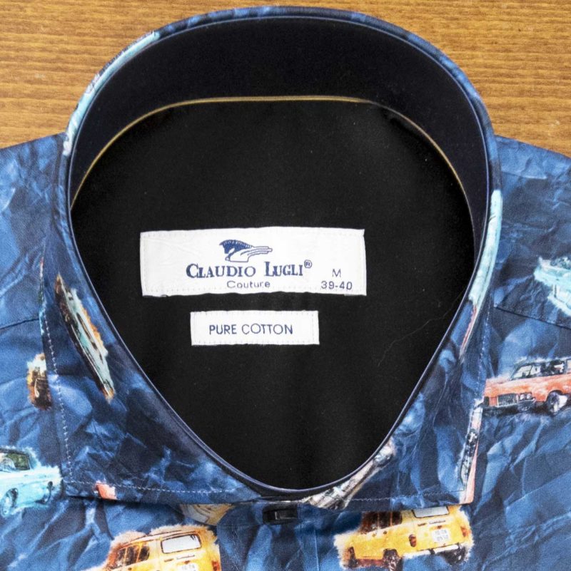 Claudio Lugli shirt with classic cars on blue detailed background black lining