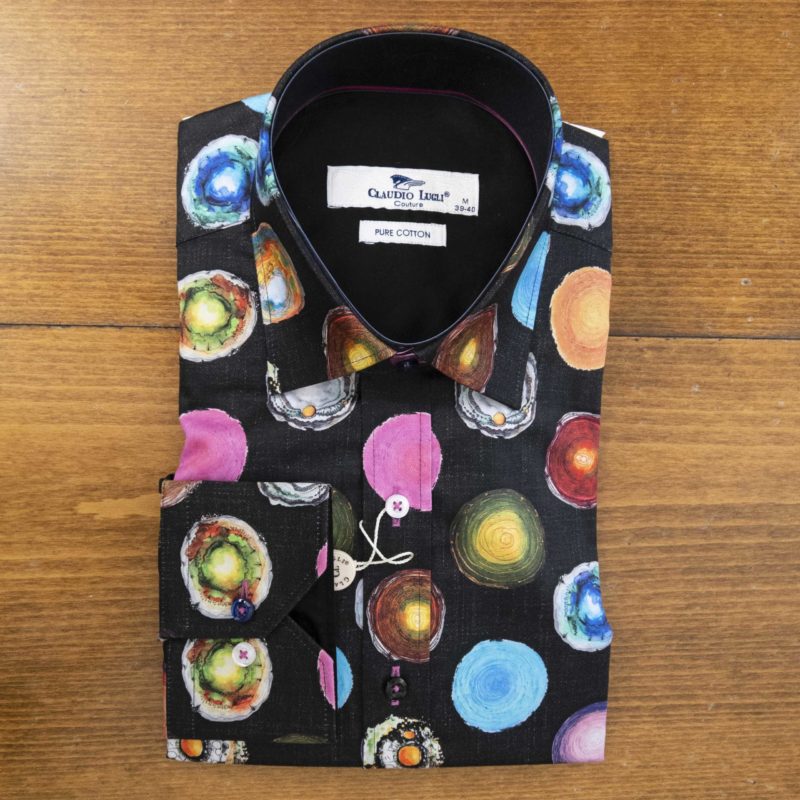 Claudio Lugli shirt multiple colourful circular shapes on black with black lining