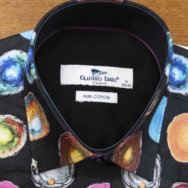 Claudio Lugli shirt multiple colourful circular shapes on black with black lining