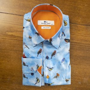 Claudio Lugli shirt pale blue with small colourful birds and orange lining