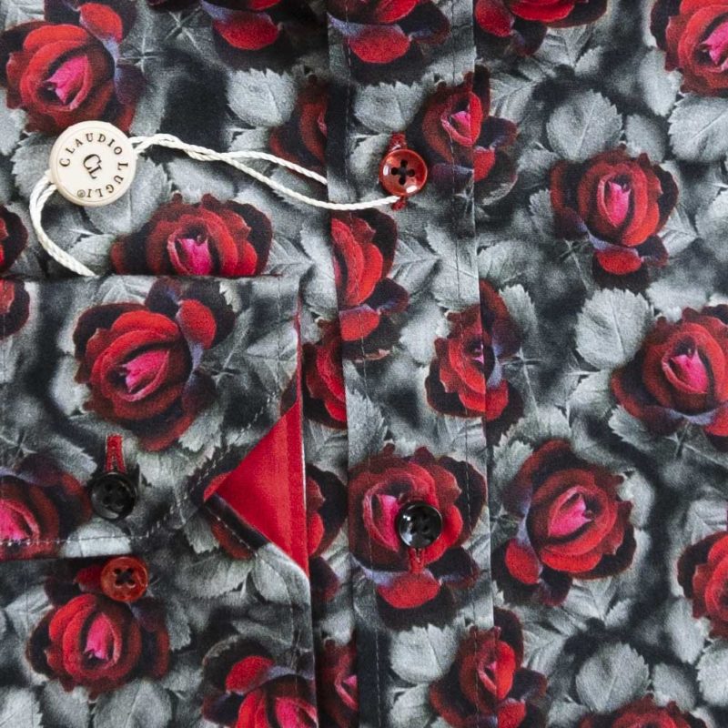 Claudio Lugli shirt red roses on monotone background with red lining
