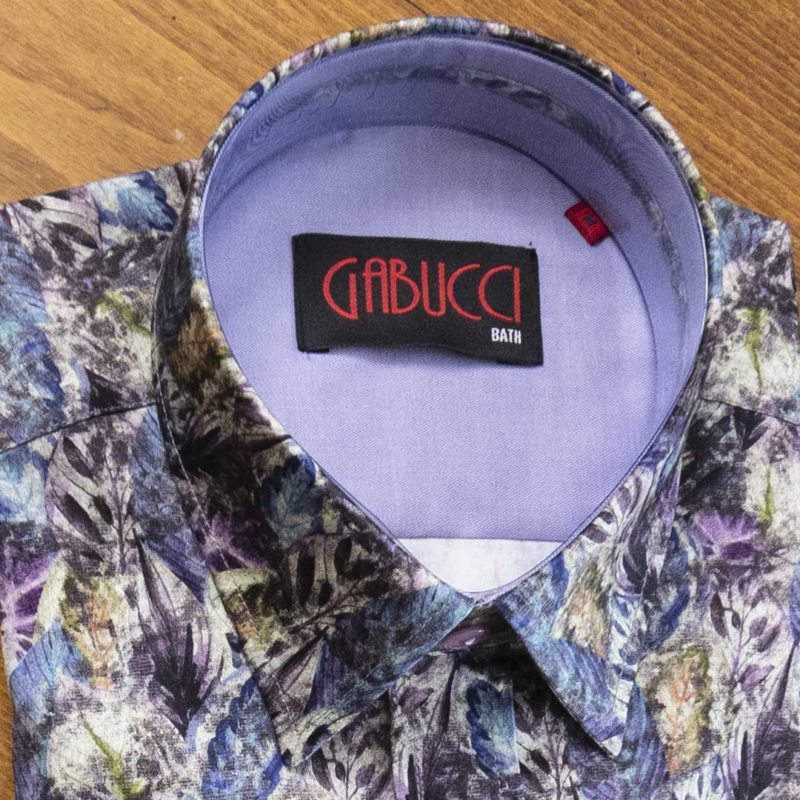 Gabucci shirt with purple and blue foliage and a lilac lining