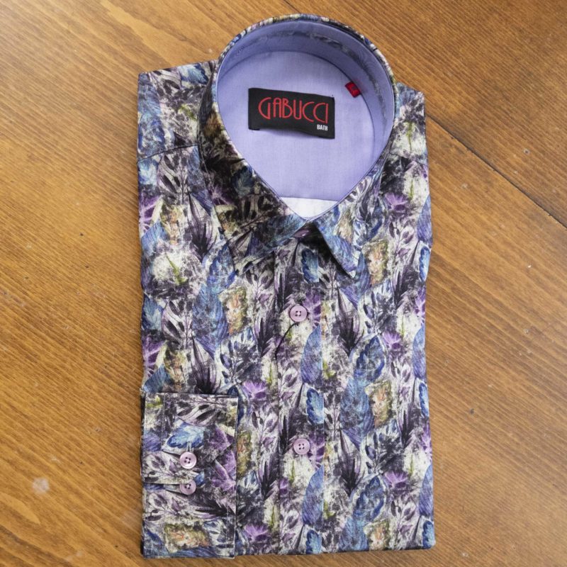 Gabucci shirt with purple and blue foliage and a lilac lining