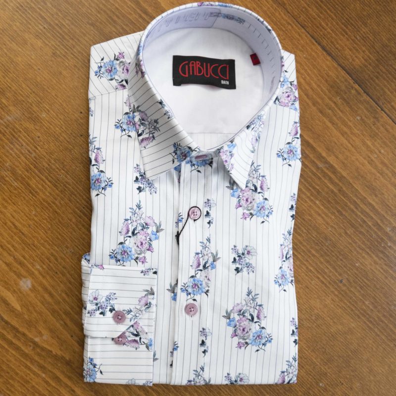 Gabucci shirt with grey pinstripe on white with coloured flowers