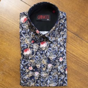 Gabucci shirt with roses on a dreamscape foliage on black with a black lining