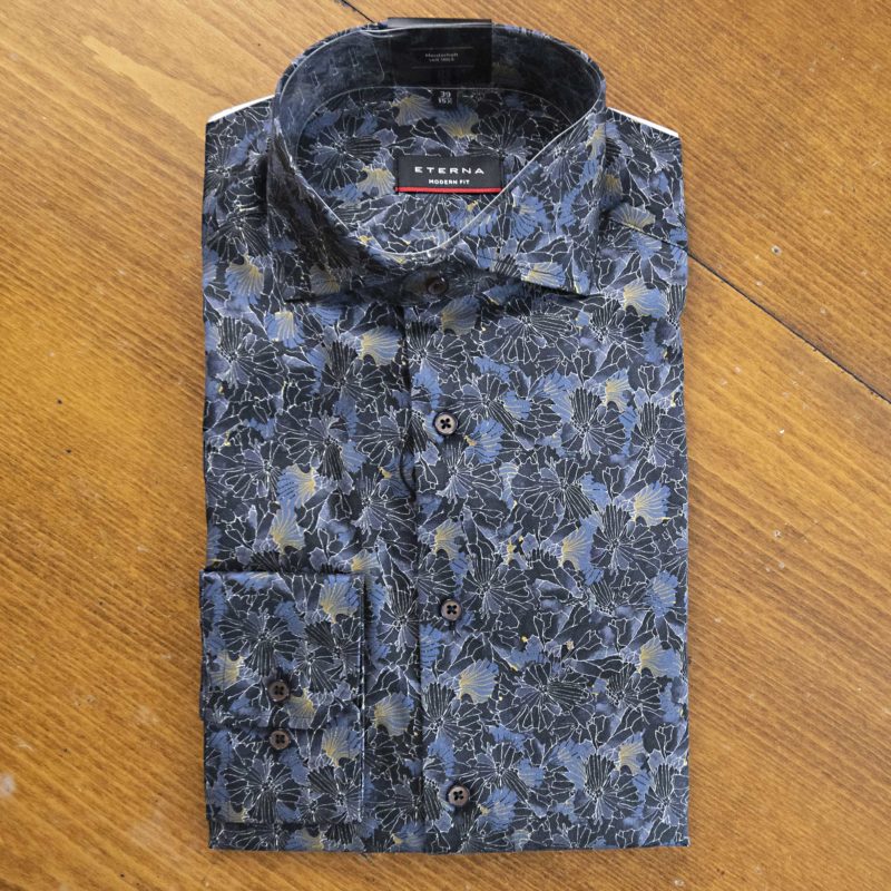Eterna shirt with intricate foliage in blue, black and yellow