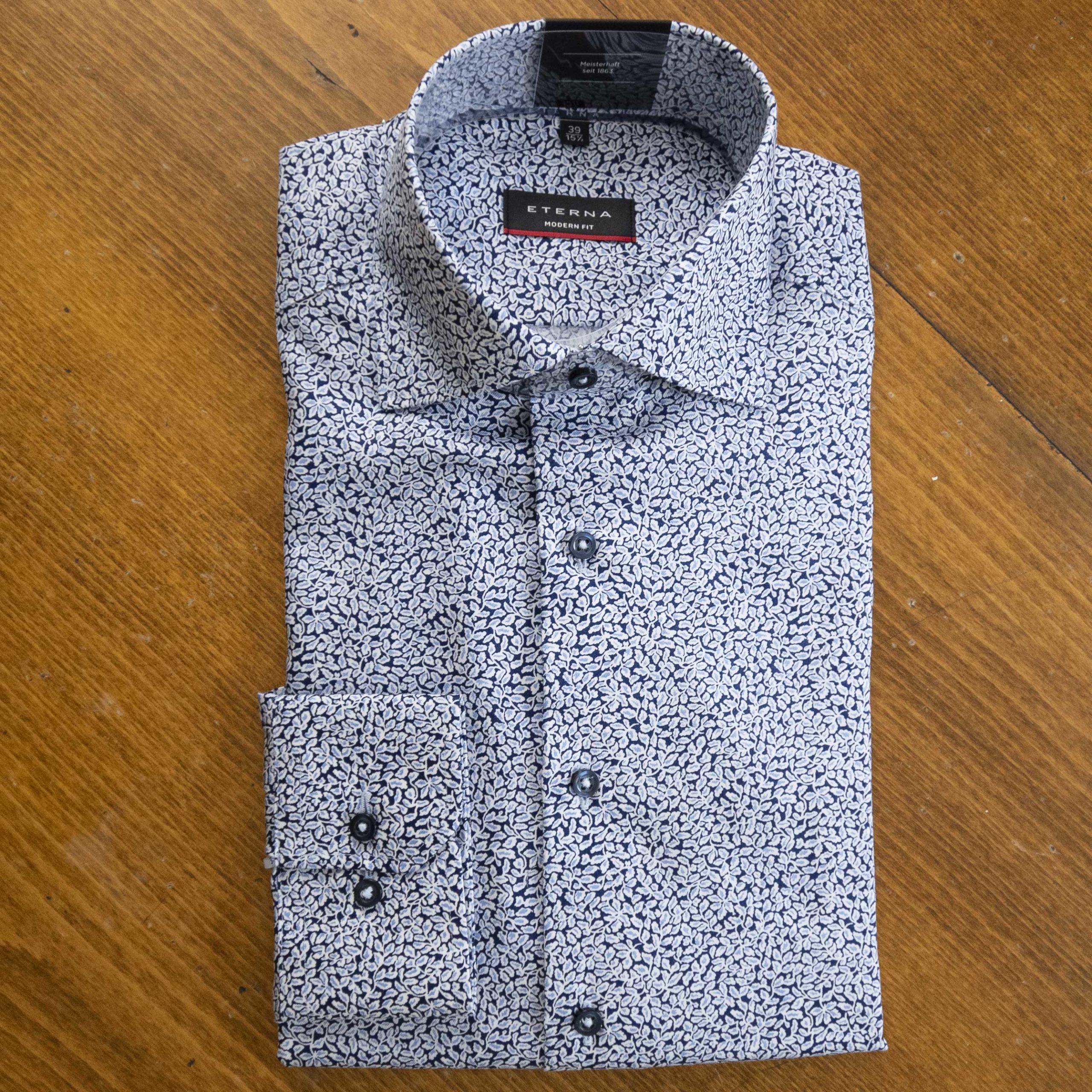 Eterna shirt with tiny grey and white leaves on navy - Gabucci Menswear ...