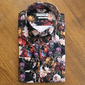 Giordano shirt with large colourful flowers on black