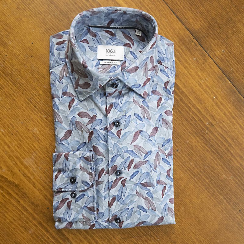 Eterna shirt with large blue and brown leaves on grey