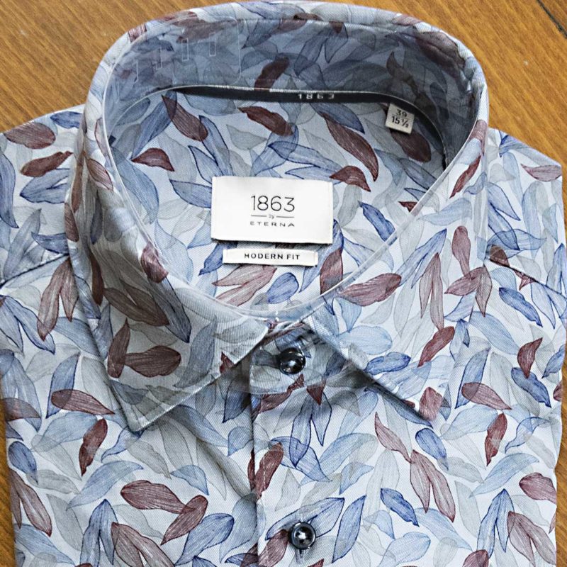 Eterna shirt with large blue and brown leaves on grey