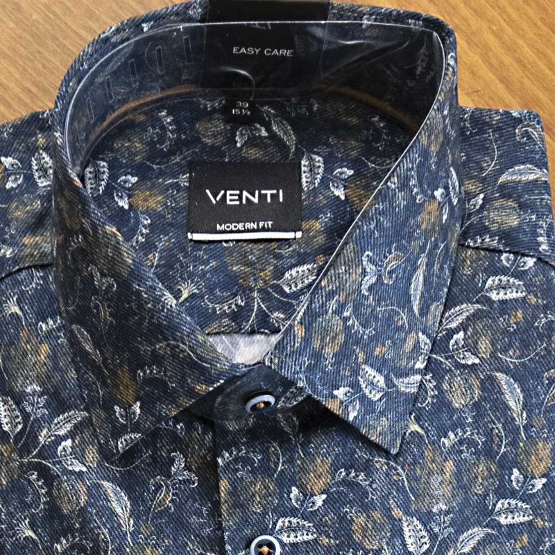 Venti shirt with blue and grey foliage on a dark blue background