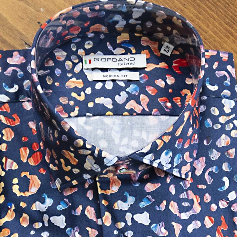 Giordano shirt dark blue with small multi coloured shapes