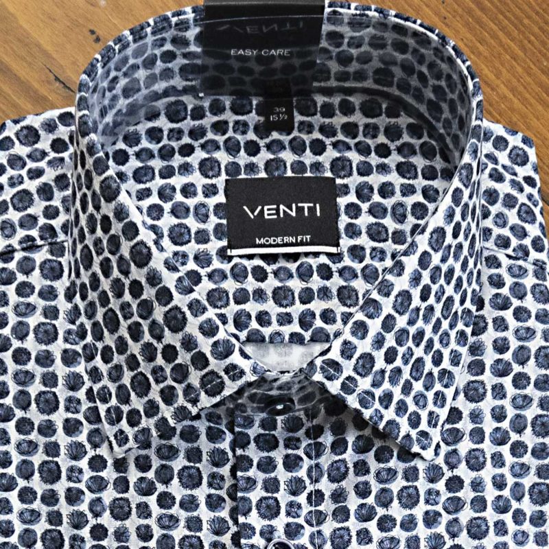 Venti shirt with blue buds on a white background