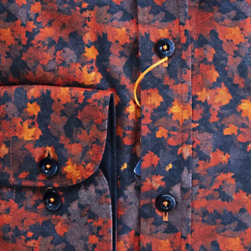A Fish Named Fred shirt with red autumn foliage on navy, navy lining
