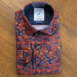 A Fish Named Fred shirt with red autumn foliage on navy, navy lining