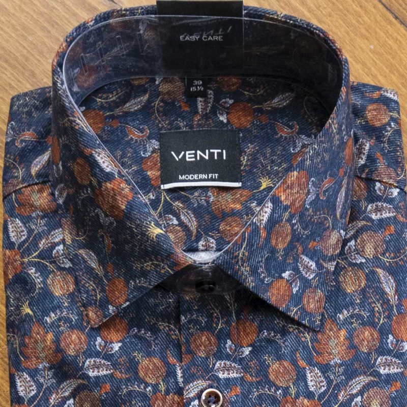 Venti shirt with white and rust coloured foliage on navy