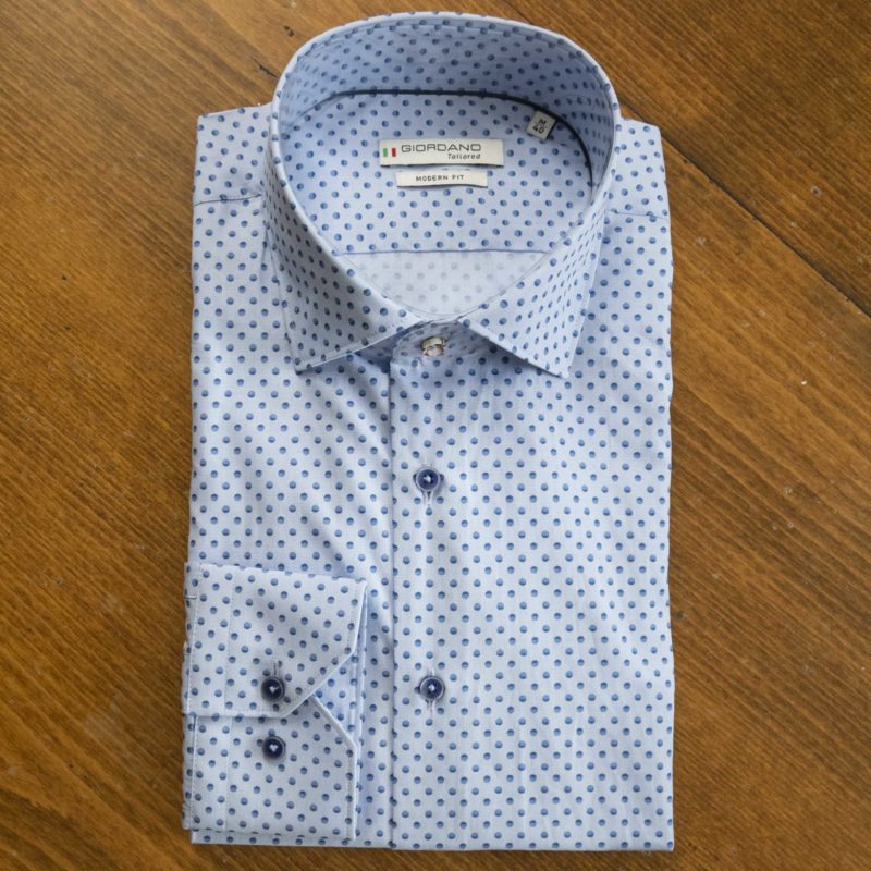 Giordano shirt pale blue with small blue polka dots