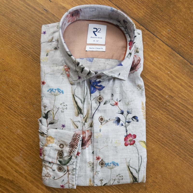 R2 shirt with colourful autumn flowers on pale grey
