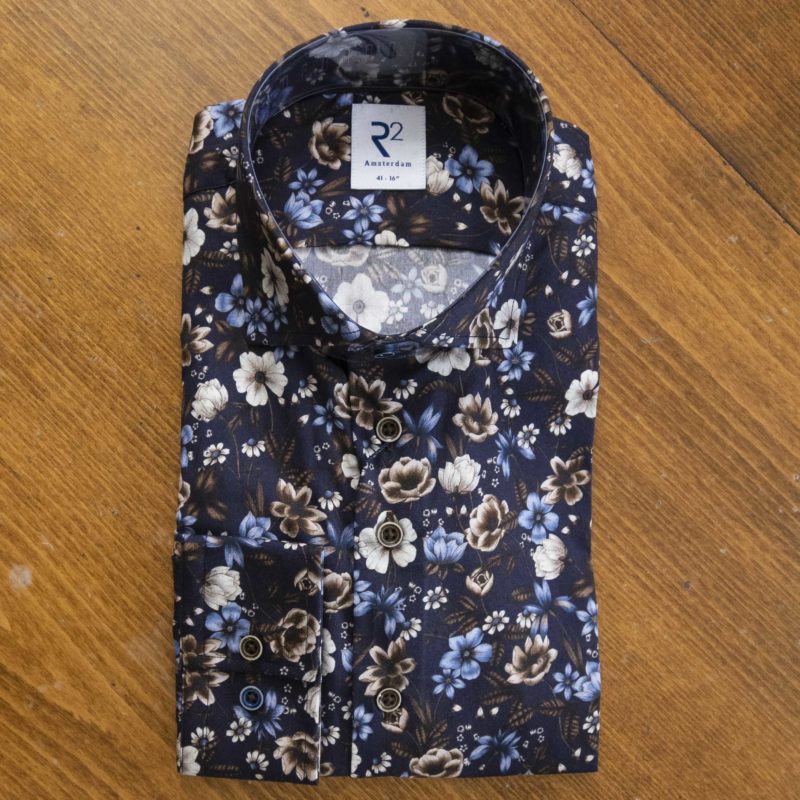 R2 shirt with blue and brown flowers on midnight blue