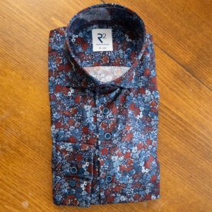 R2 shirt with blue and red flowers on navy