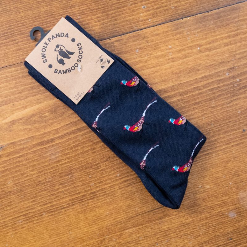 Swole Panda bamboo sock in navy with colourful pheasants