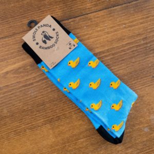 Swole Panda bamboo sock in pale blue with yellow rubber ducks