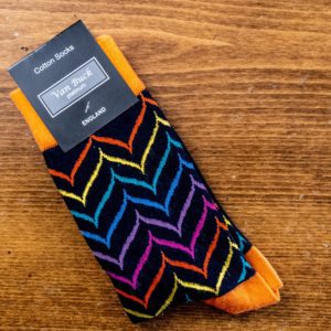 Van Buck english cotton socks with coloured zig zag lines and orange toes on black