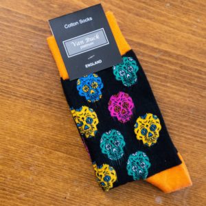 Van Buck english cotton socks with colourful skulls, yellow, green, blue and pink, and orange toes on black