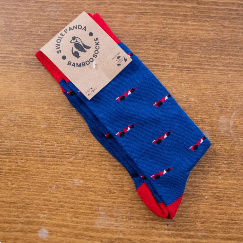 Swole Panda bamboo sock in dark blue with small red race cars