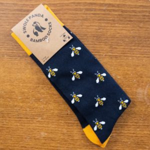 Swole Panda bamboo sock in navy blue with yellow bees and toes