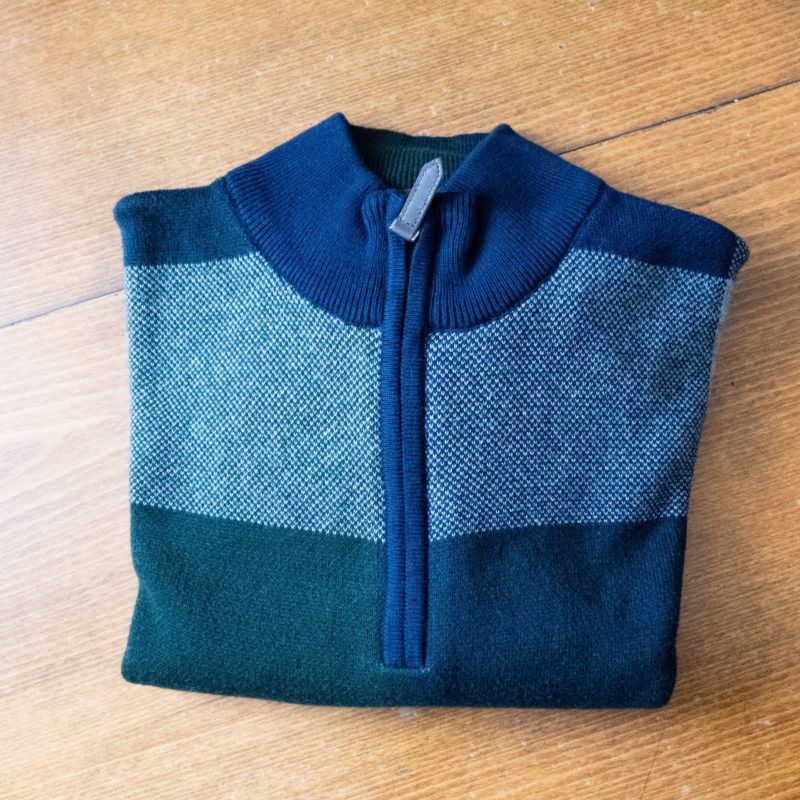 Gabucci zip in green, blue and grey merino wool