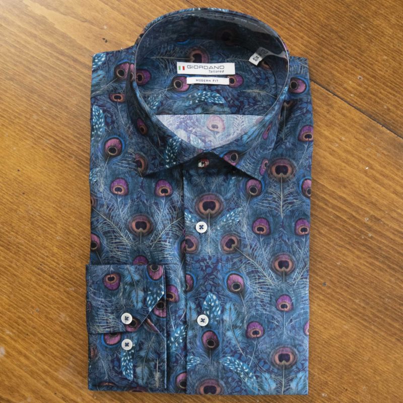 Giordano shirt with purple teasels on blue