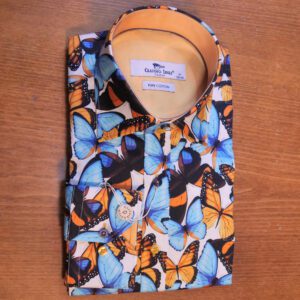 Claudio Lugli white shirt with big blue and orange butterflies with an orange lining