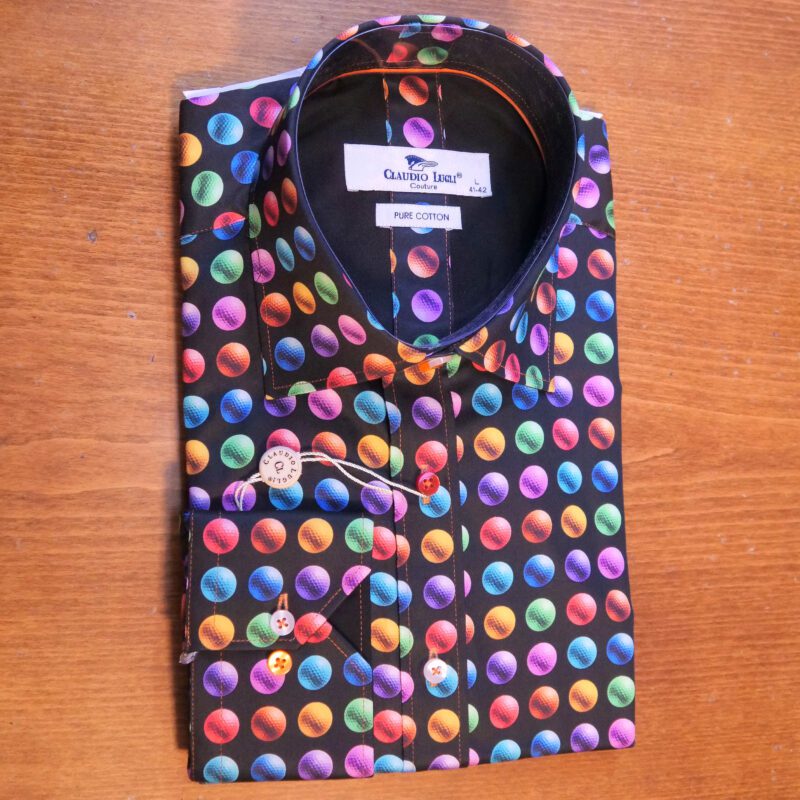 Claudio Lugli black shirt with multi-coloured golf balls on a black lining