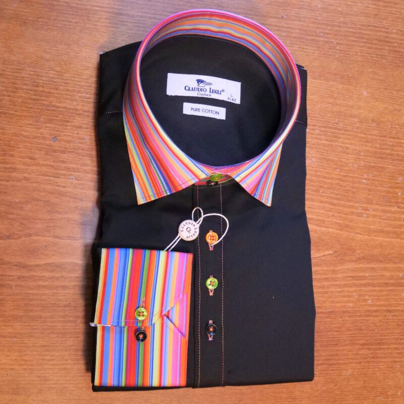 Claudio Lugli black shirt with colourful striped collar and cuffs and coloured buttons