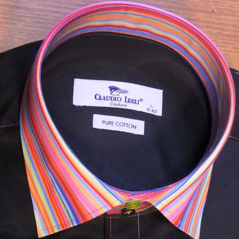 Claudio Lugli black shirt with colourful striped collar and cuffs and coloured buttons