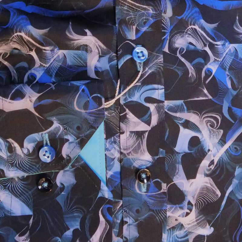 Claudio Lugli blue shirt with white swirls on black with a pale blue lining