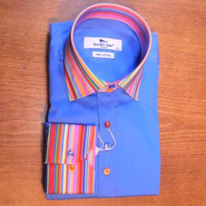 Claudio Lugli blue shirt with colourful striped collar and cuffs and coloured buttons