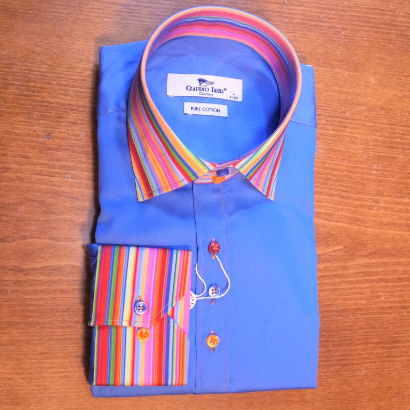 Claudio Lugli blue shirt with colourful striped collar and cuffs and coloured buttons