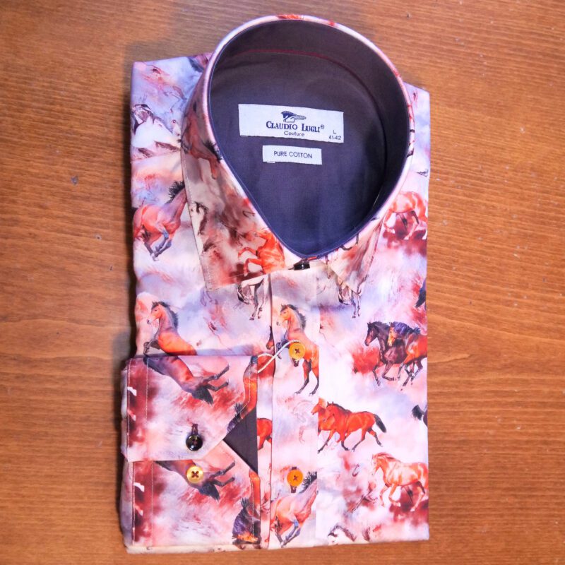 Claudio Lugli white shirt with brown stallions on smoky pink with a black lining